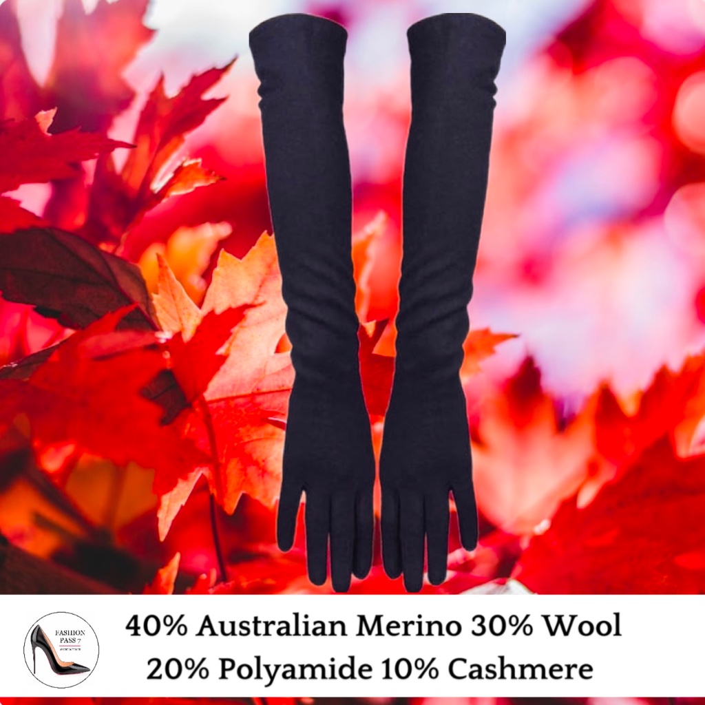 Long Cashmere Merino Wool Gloves Classical Black Opera Driving Winter Warm Glove